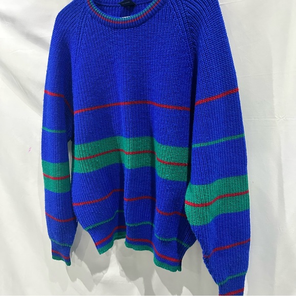 Vintage Ribbed Knit Sweater Blue Green Red Striped Crewneck 90s Y2K - Picture 2 of 9